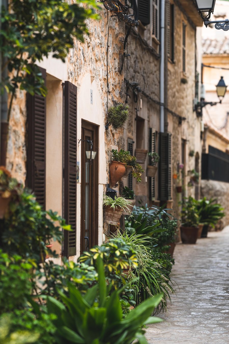 Gepflasterte Gasse mit Natursteinhäusern, Fensterläden und Pflanzen in einem mallorquinischen Dorf
